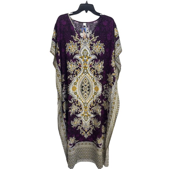 Women's Boho Kaftan Dress Purple Gold Lounge Wear One Size Beach Cover Up - Picture 1 of 8